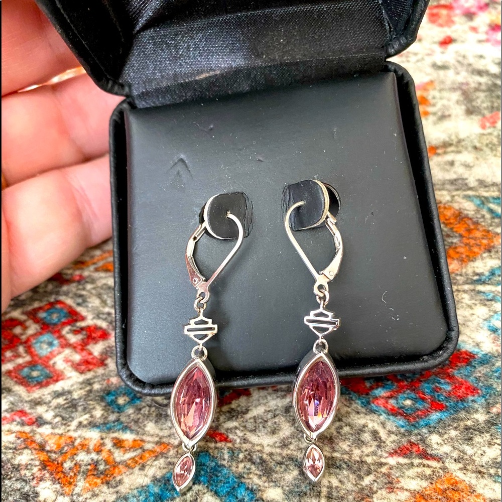 Authentic Harley-Davidson 1.5” drop Amethyst and sterling silver earrings.
